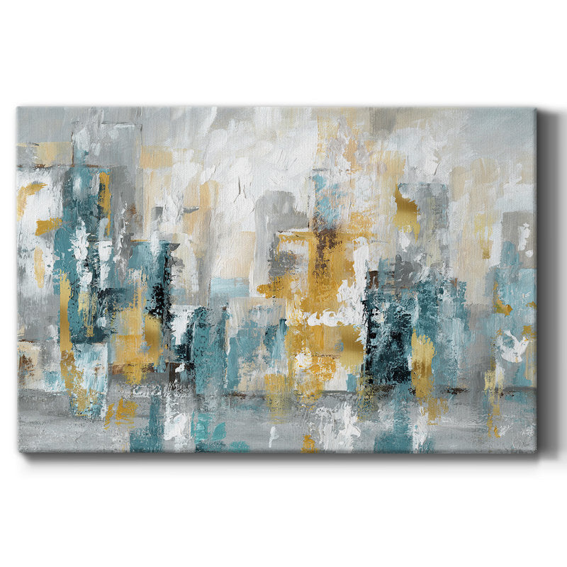 Abstract Cityscape Oil Painting with Teal and Gold Tones for Modern Art Lovers