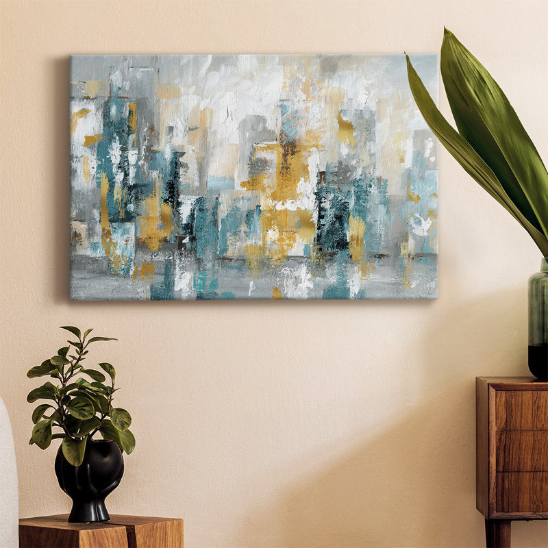 Abstract Cityscape Oil Painting with Teal and Gold Tones for Modern Art Lovers