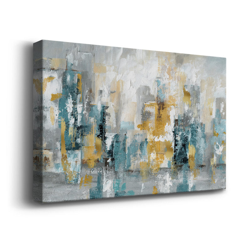 Abstract Cityscape Oil Painting with Teal and Gold Tones for Modern Art Lovers