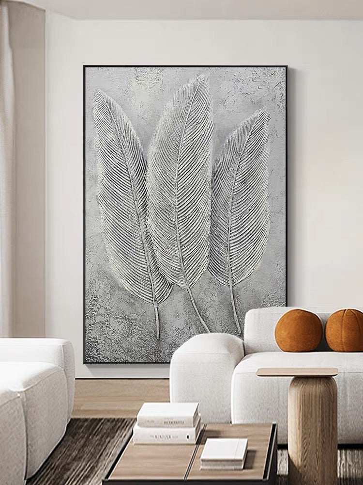 Elegant Gray Leaf Trio - Modern Oil Painting for Minimalist Home Decor
