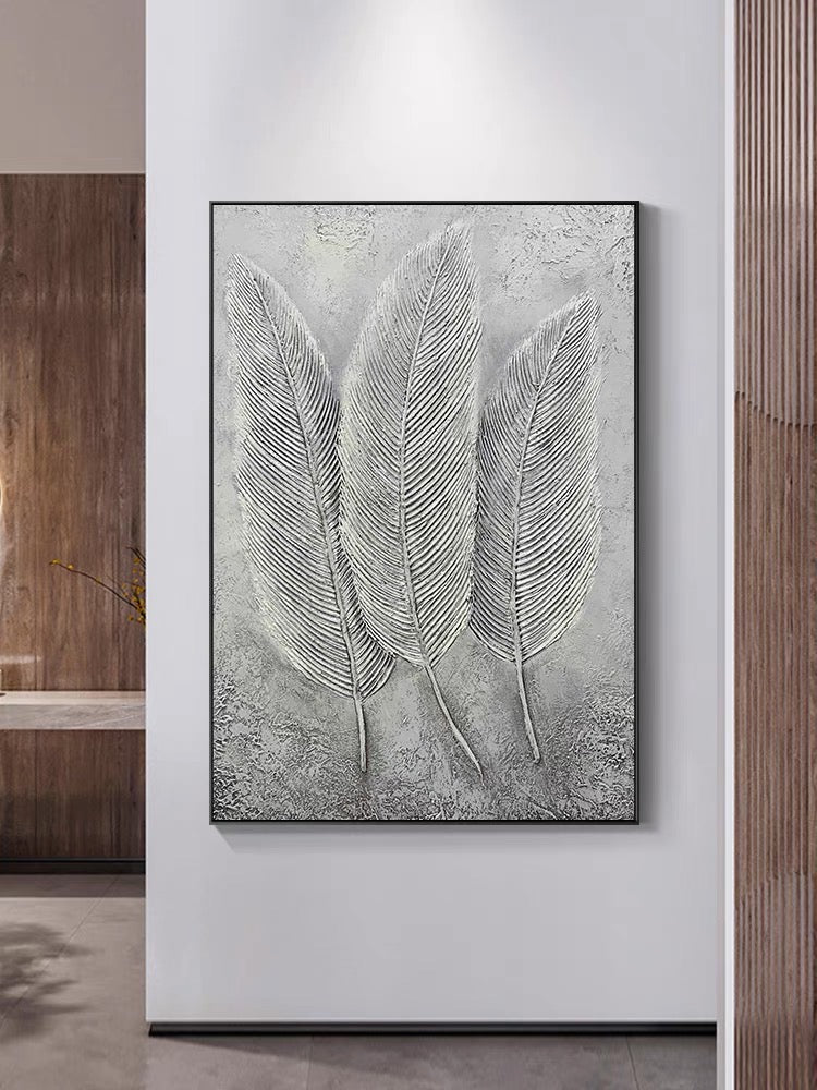 Elegant Gray Leaf Trio - Modern Oil Painting for Minimalist Home Decor