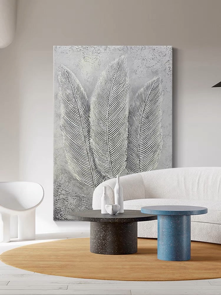 Elegant Gray Leaf Trio - Modern Oil Painting for Minimalist Home Decor