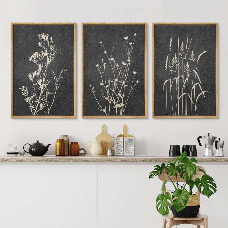 Minimalist Black and Gray Floral Canvas Art Set for Neutral Home Decor
