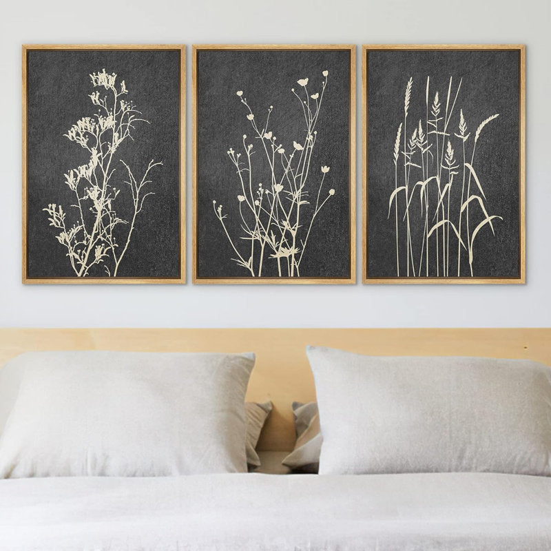 Minimalist Black and Gray Floral Canvas Art Set for Neutral Home Decor