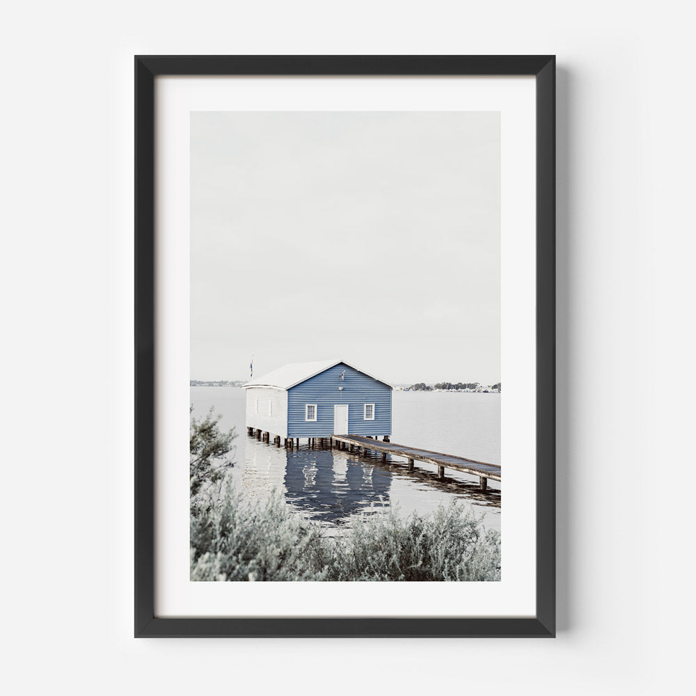 Tranquil Blue Boatshed by the Water - Serene Landscape Oil Painting for Home Decor