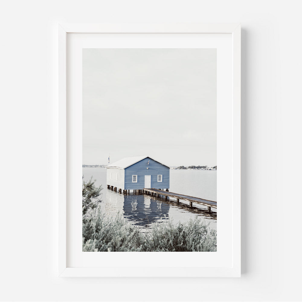 Tranquil Blue Boatshed by the Water - Serene Landscape Oil Painting for Home Decor