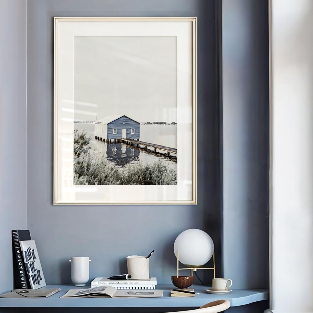 Tranquil Blue Boatshed by the Water - Serene Landscape Oil Painting for Home Decor