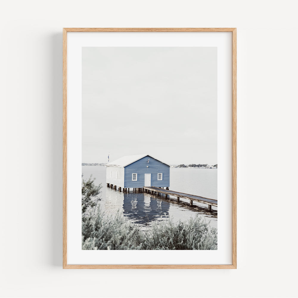 Tranquil Blue Boatshed by the Water - Serene Landscape Oil Painting for Home Decor