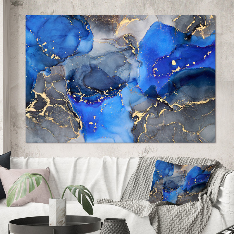 Luxury Blue and Black Abstract Fluid Art Canvas Painting for Modern Decor