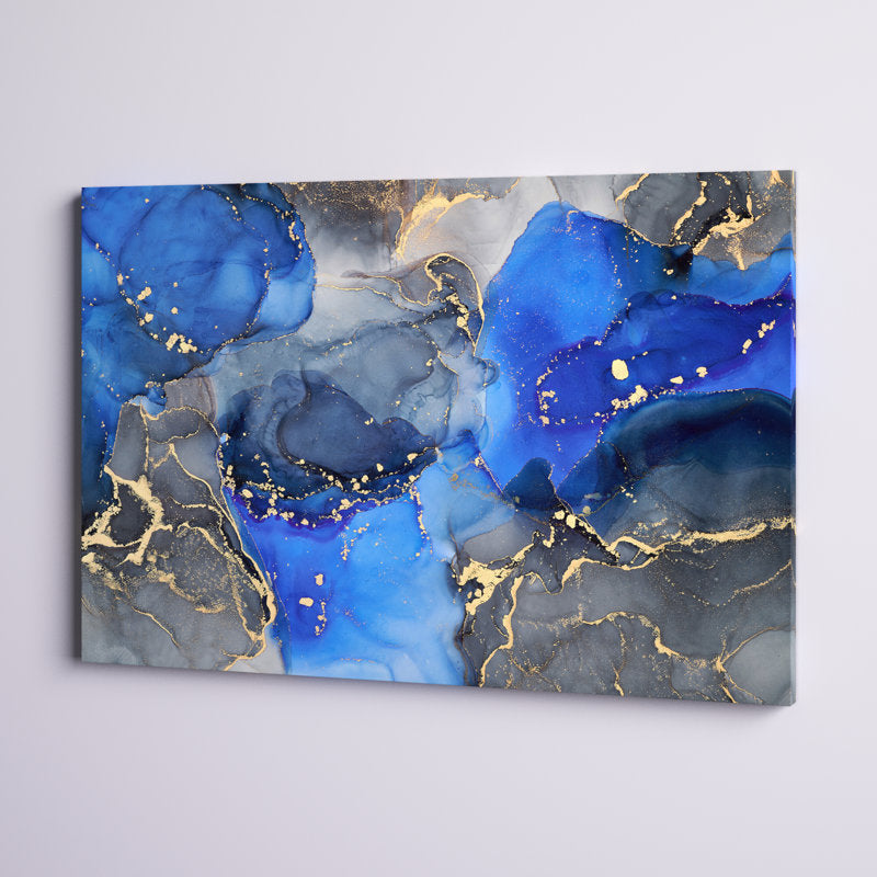 Luxury Blue and Black Abstract Fluid Art Canvas Painting for Modern Decor
