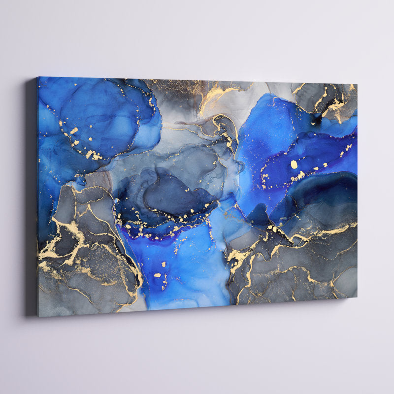 Luxury Blue and Black Abstract Fluid Art Canvas Painting for Modern Decor