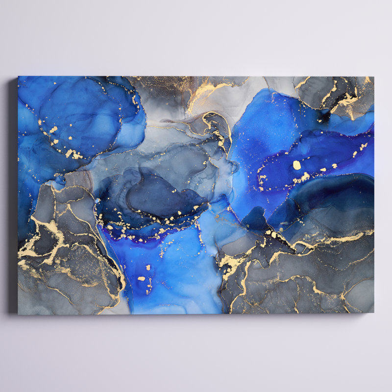 Luxury Blue and Black Abstract Fluid Art Canvas Painting for Modern Decor