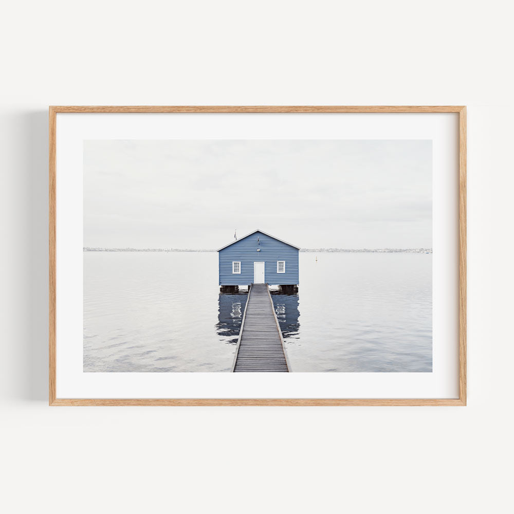 Tranquil Blue Boat House on Still Water - Serene Landscape Oil Painting