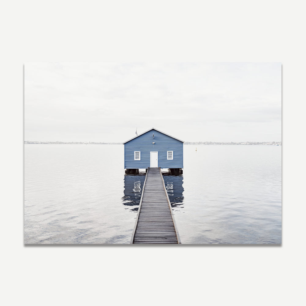 Tranquil Blue Boat House on Still Water - Serene Landscape Oil Painting