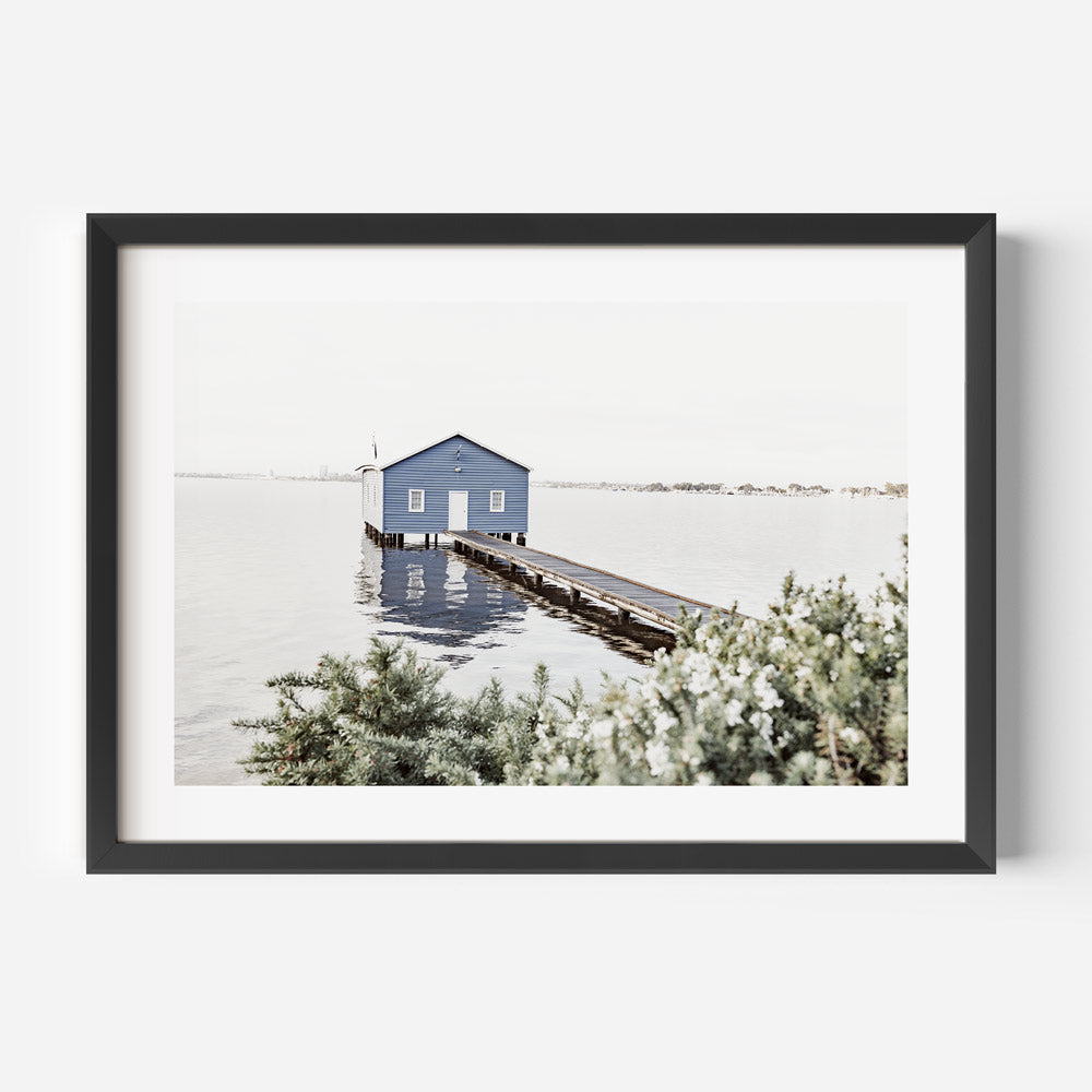 Tranquil Blue Boatshed by the Water - Serene Coastal Oil Painting Decor