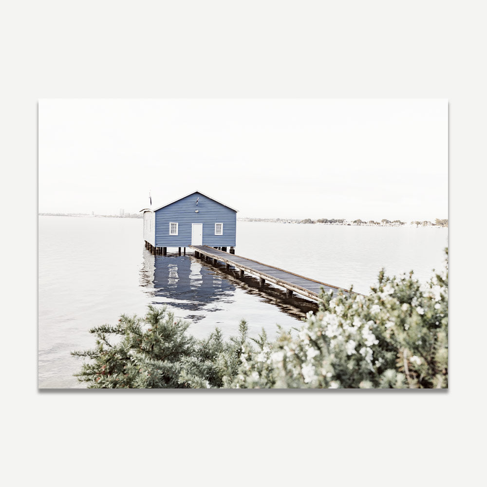 Tranquil Blue Boatshed by the Water - Serene Coastal Oil Painting Decor