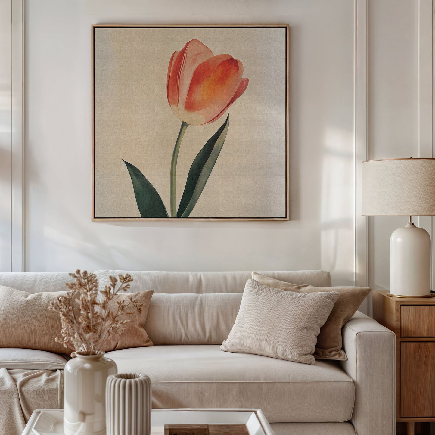 Elegant Blush Tulip Oil Painting | Floral Canvas Wall Art for Home Décor