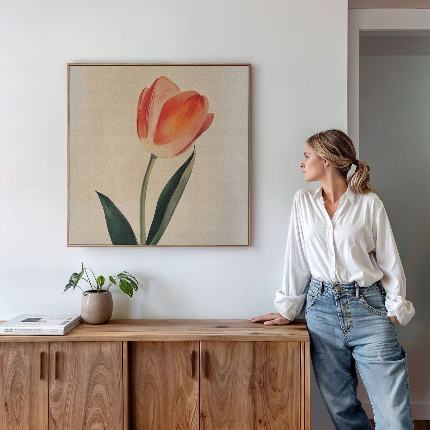 Elegant Blush Tulip Oil Painting | Floral Canvas Wall Art for Home Décor