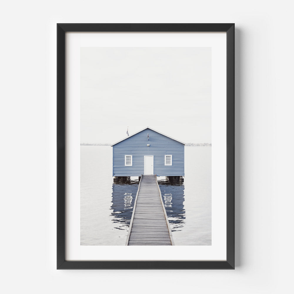 Serene Blue Boat House by the Water – Tranquil Landscape Oil Painting for Home Decor