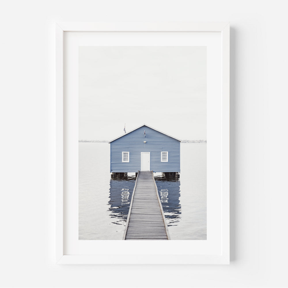 Serene Blue Boat House by the Water – Tranquil Landscape Oil Painting for Home Decor