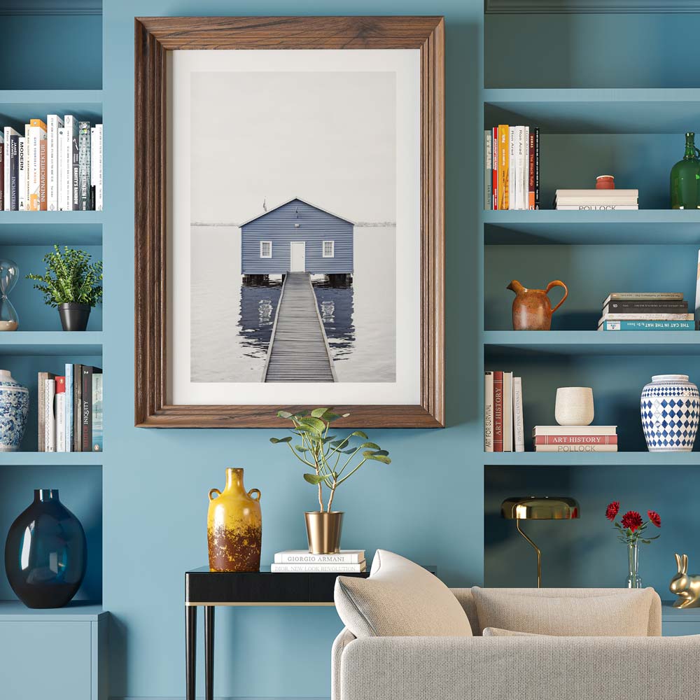 Serene Blue Boat House by the Water – Tranquil Landscape Oil Painting for Home Decor