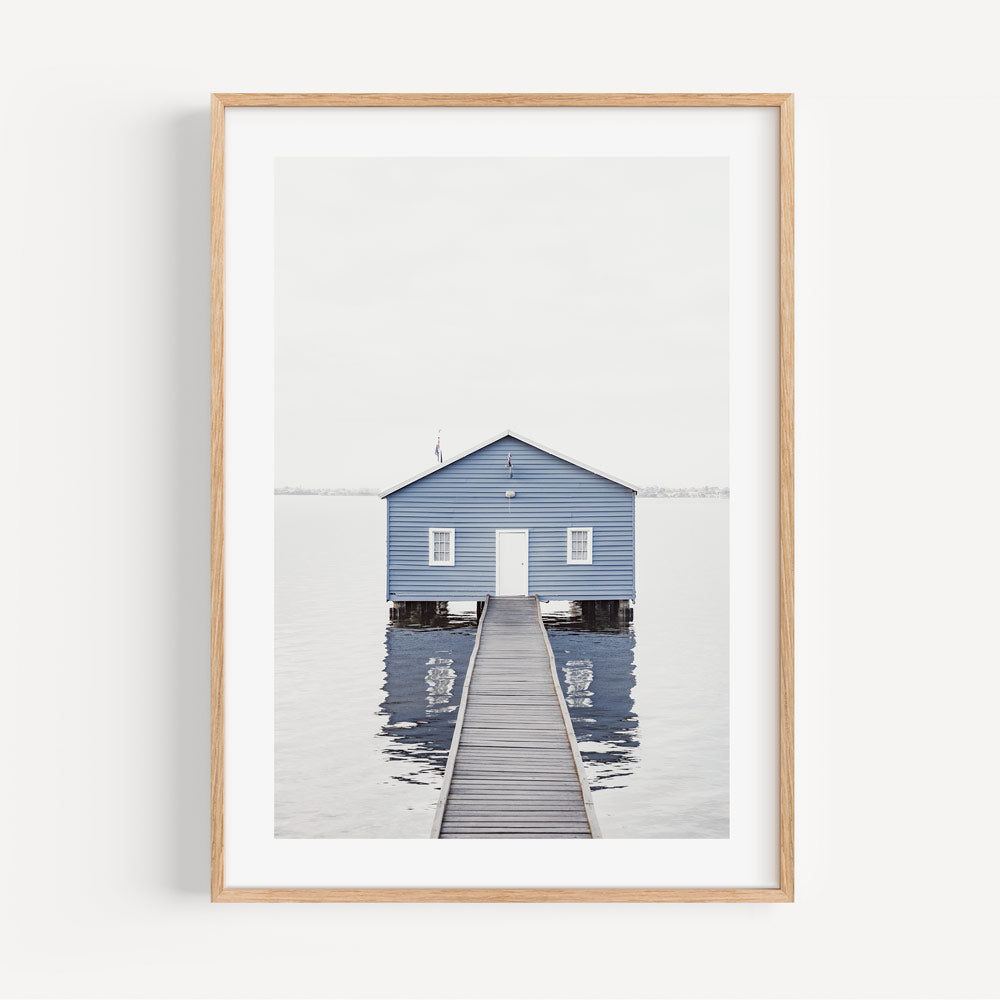 Serene Blue Boat House by the Water – Tranquil Landscape Oil Painting for Home Decor