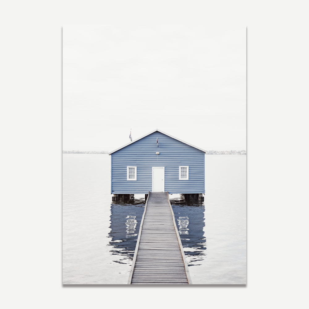 Serene Blue Boat House by the Water – Tranquil Landscape Oil Painting for Home Decor
