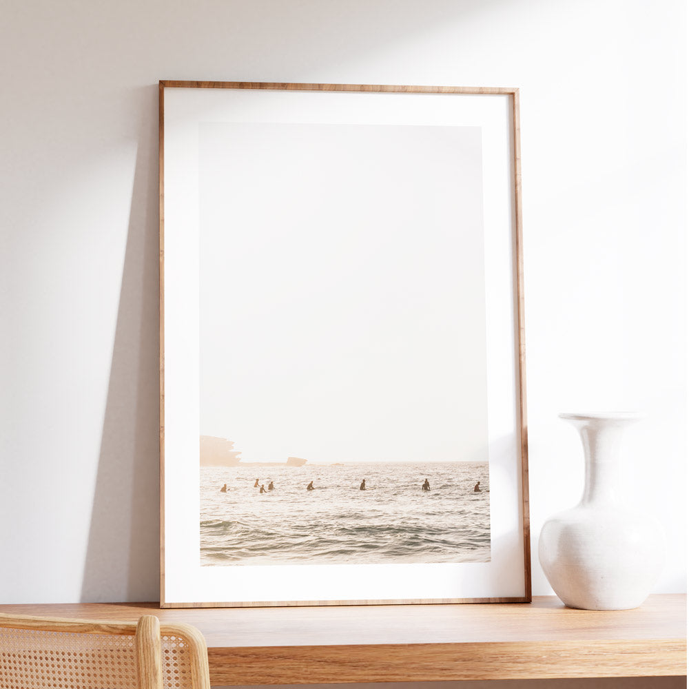 Bondi Beach Surfing Scene - Tranquil Ocean Waves and Surfers Art Print