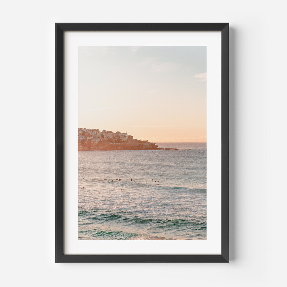 Elegant Bondi Beach Sunset - Tranquil Ocean Waves and Surfers Oil Painting