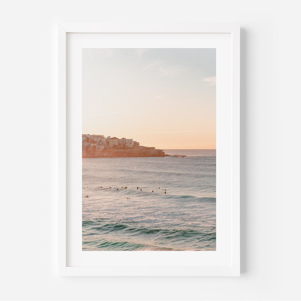 Elegant Bondi Beach Sunset - Tranquil Ocean Waves and Surfers Oil Painting