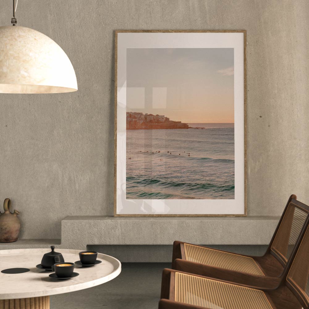 Elegant Bondi Beach Sunset - Tranquil Ocean Waves and Surfers Oil Painting