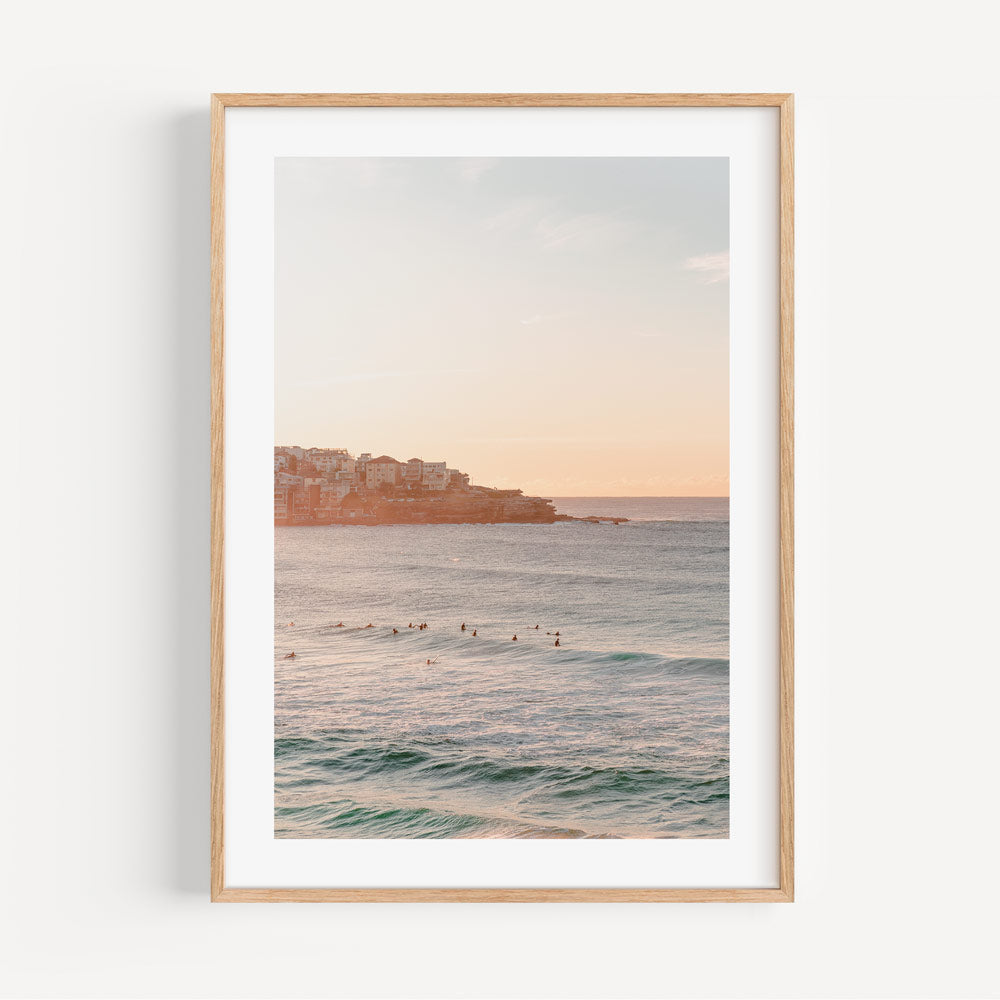 Elegant Bondi Beach Sunset - Tranquil Ocean Waves and Surfers Oil Painting