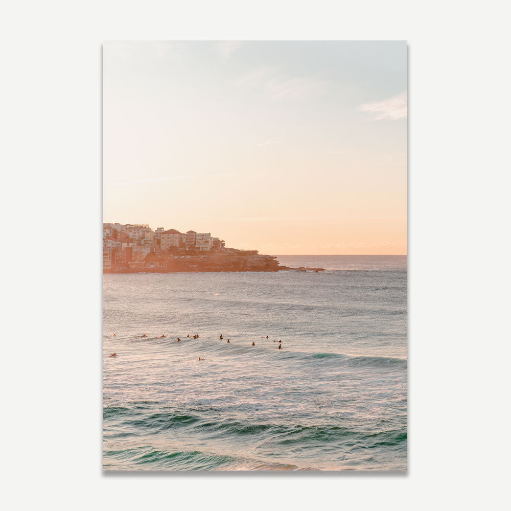 Elegant Bondi Beach Sunset - Tranquil Ocean Waves and Surfers Oil Painting