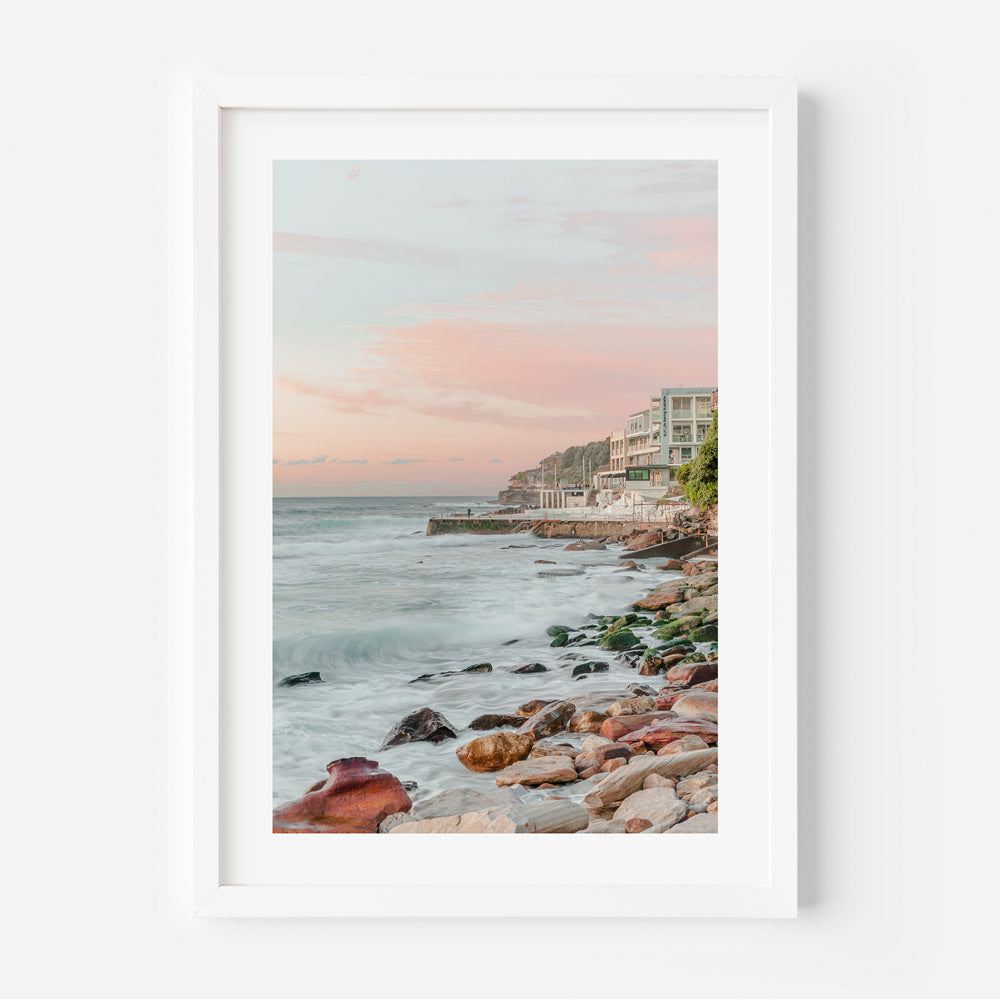 Serene Bondi Beach Seascape with Coastal Waves and Pink Sunset Sky Art