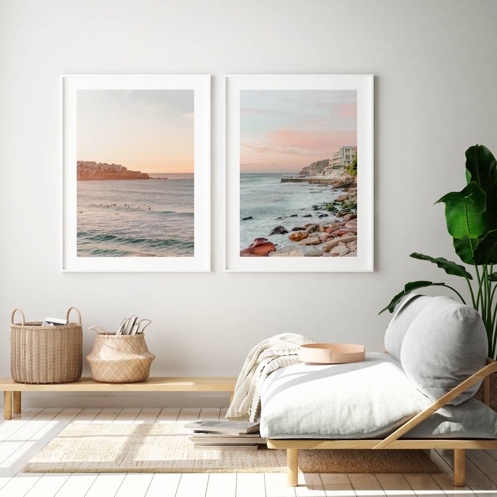 Serene Bondi Beach Seascape with Coastal Waves and Pink Sunset Sky Art