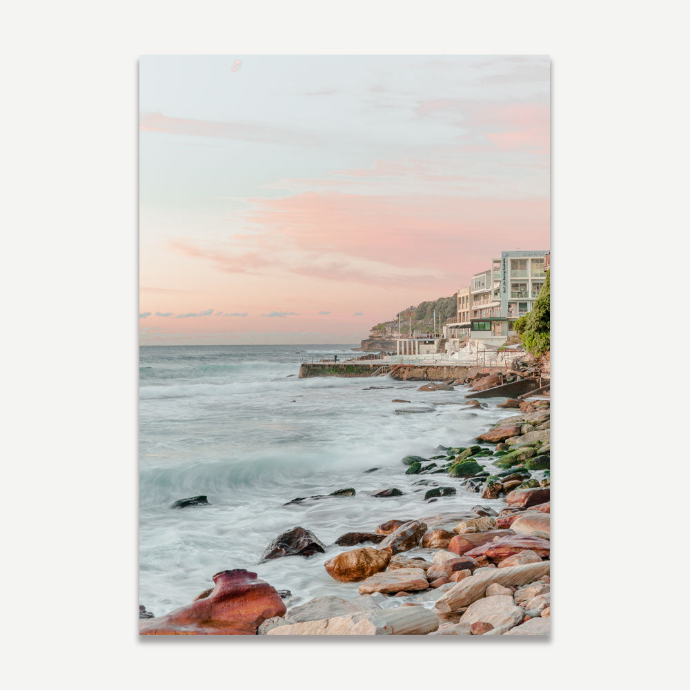 Serene Bondi Beach Seascape with Coastal Waves and Pink Sunset Sky Art