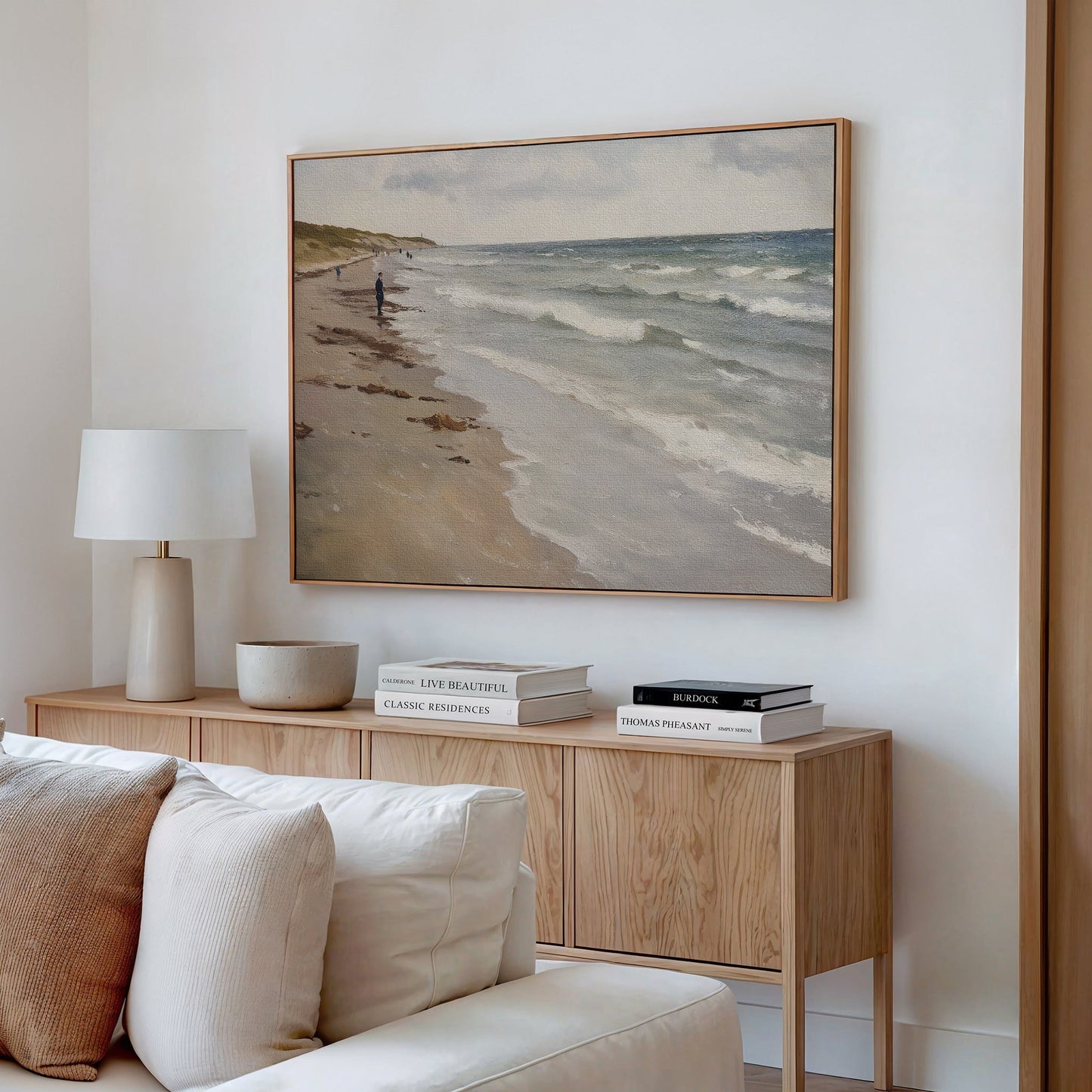 Serene Beach Walk Oil Painting - Tranquil Coastal Landscape Art for Home Decor