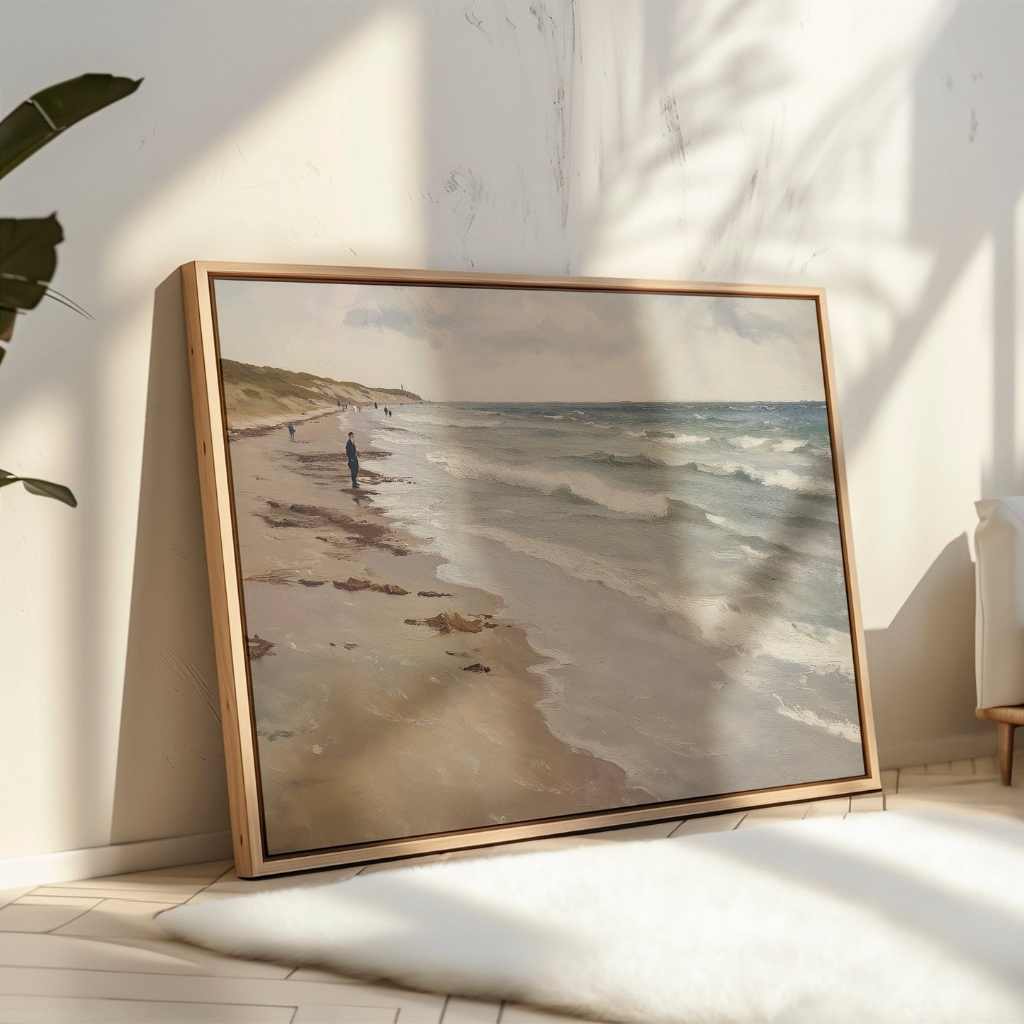 Serene Beach Walk Oil Painting - Tranquil Coastal Landscape Art for Home Decor