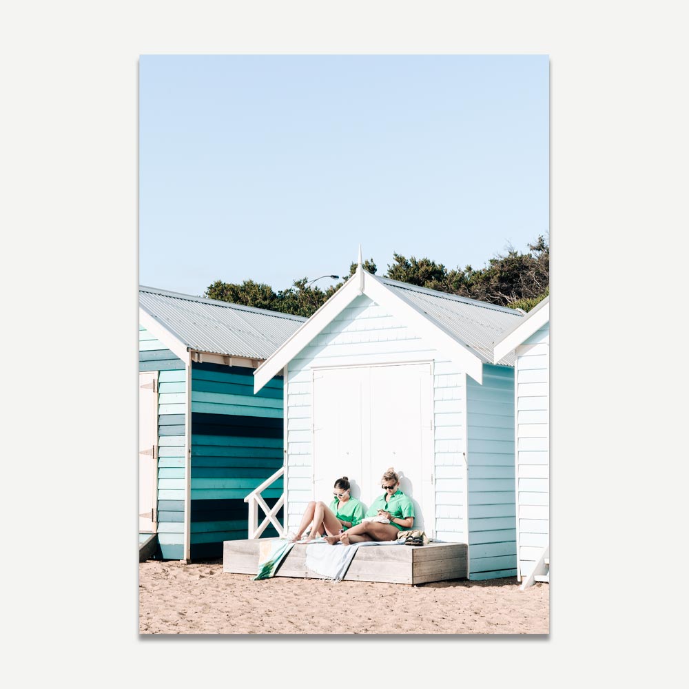Brighton Beach Huts Pair - Colorful Oil Painting for Coastal Decor