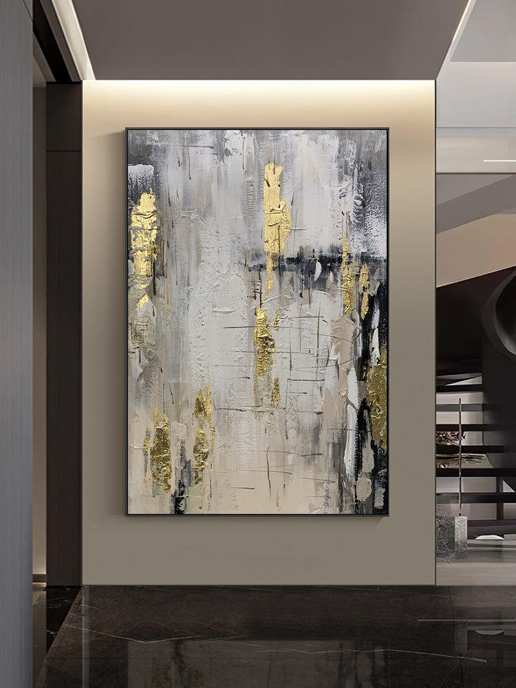 Gray Black and White Gold Leaf Abstract Oil Painting