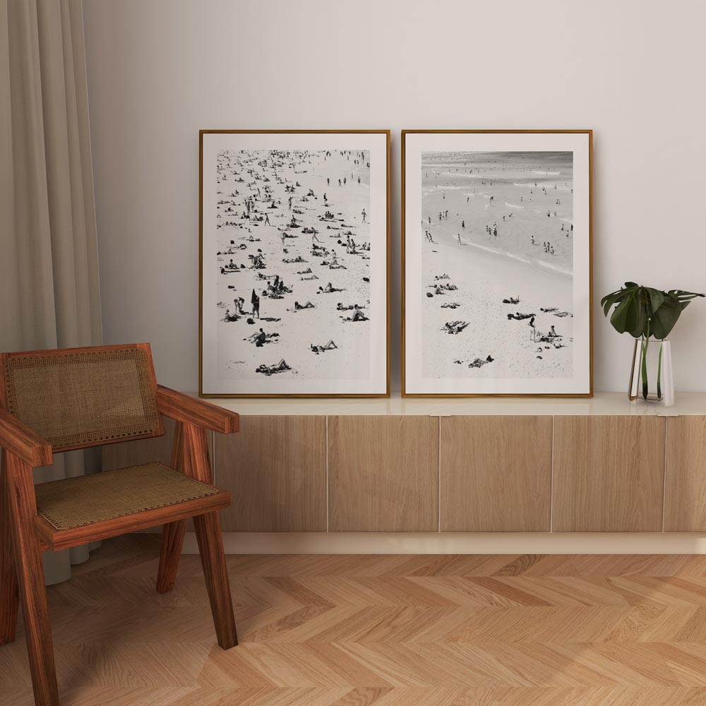 Beach Day Bliss: A Black and White Oil Painting of Sunbathers at Bondi Beach