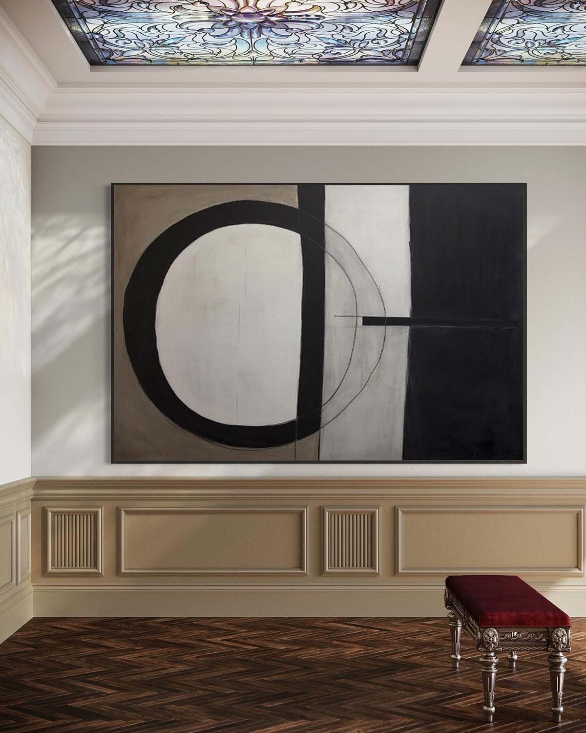 Modern Abstract Oil Painting with Geometric Shapes in Black and White