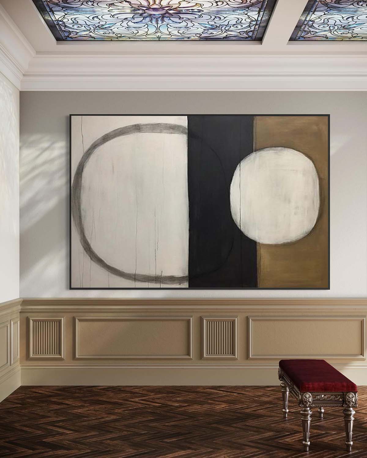 Contemporary Geometric Oil Painting with Abstract Circle and Line Design