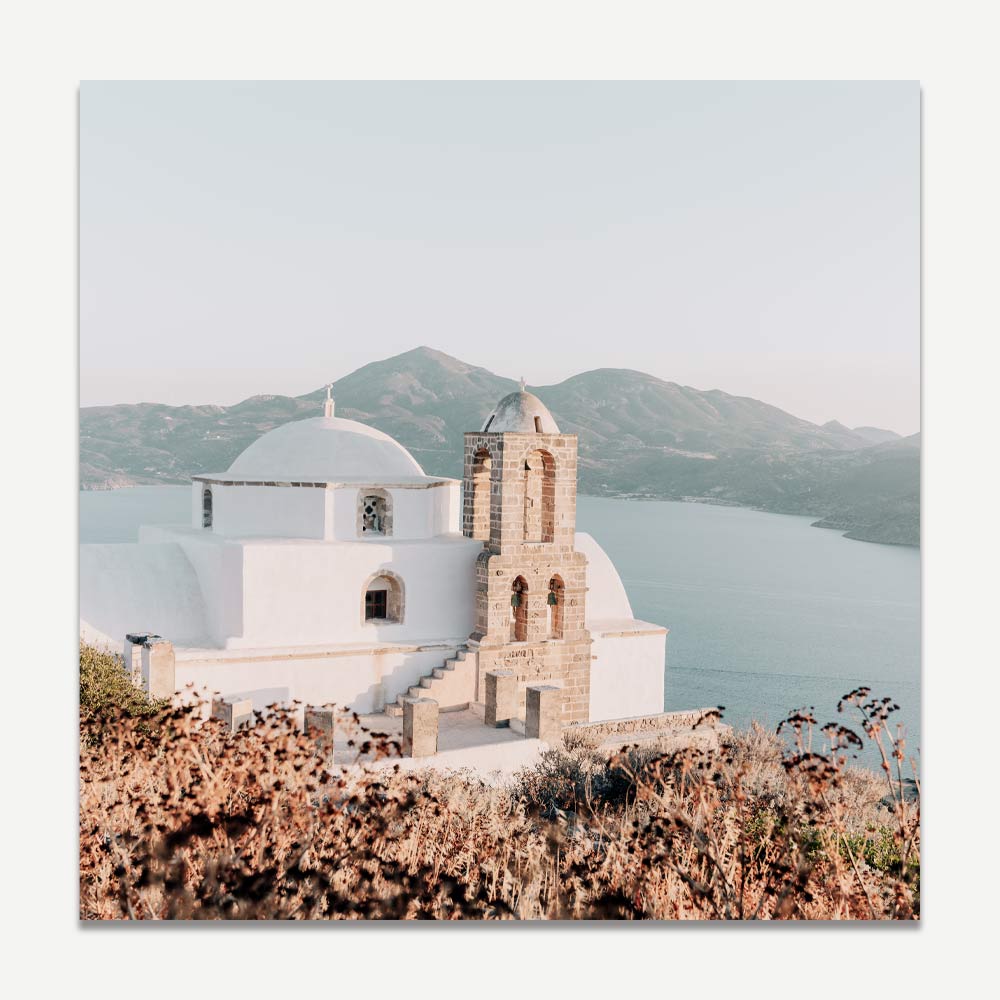 Serene Oil Painting of a Majestic Church Overlooking Tranquil Waters