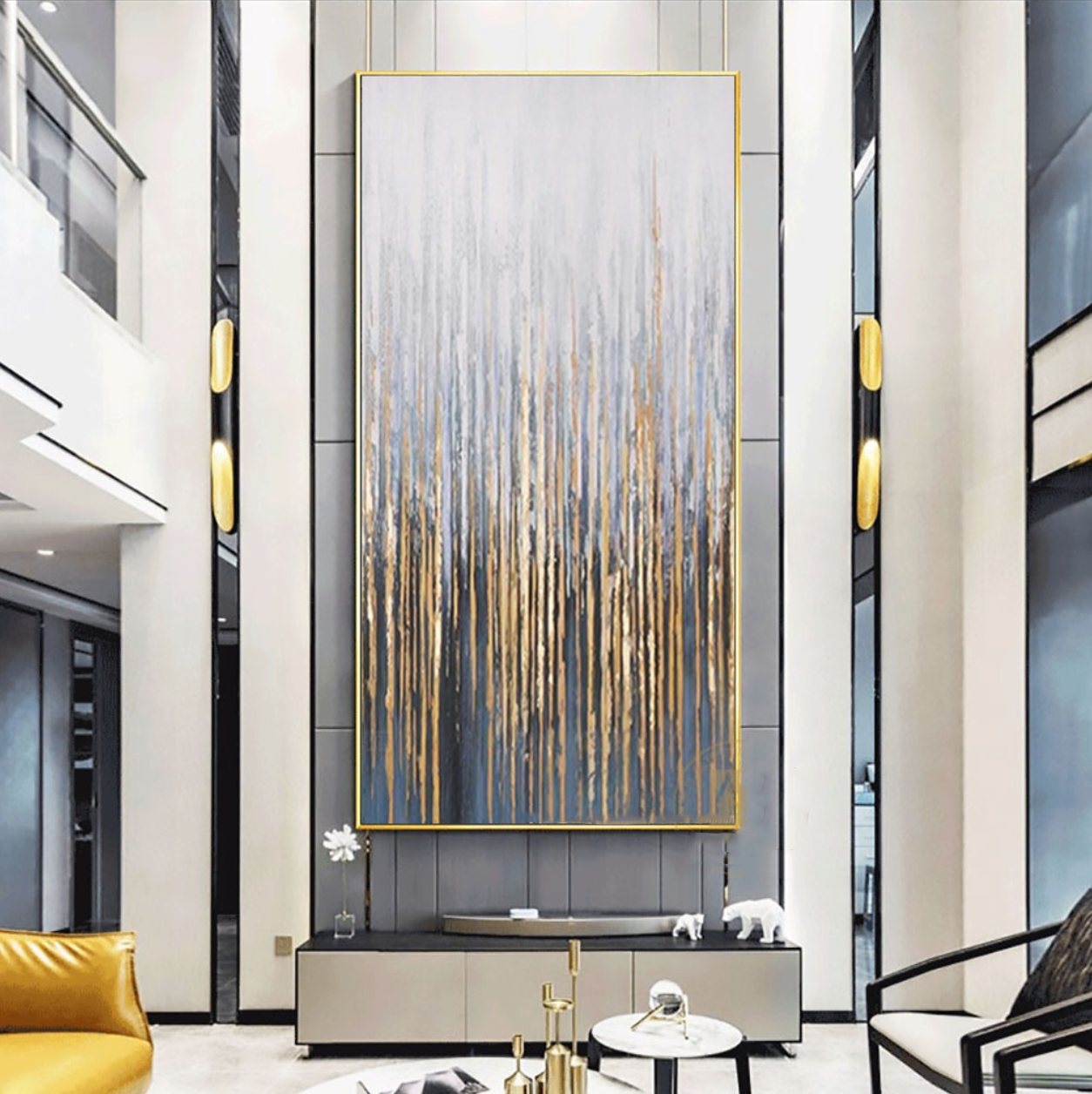 Contemporary Cityscape Oil Painting with Elegant Gold Accents and Modern Abstract Design