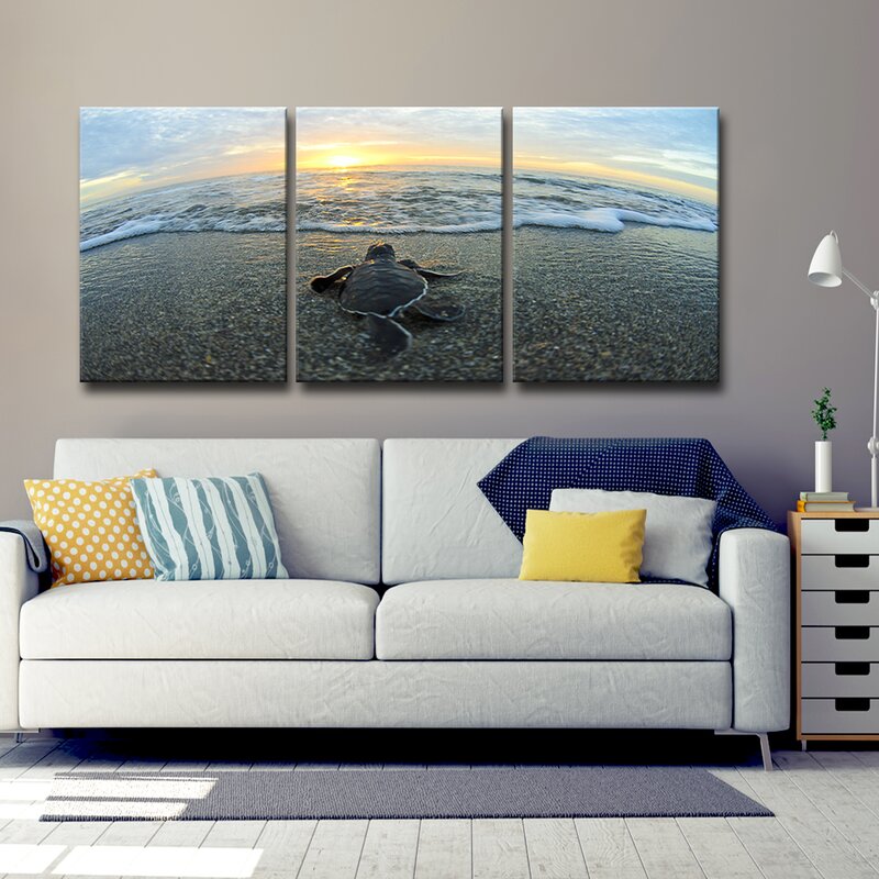 Serene Coastal Sunset with Baby Turtle on Sandy Beach - Tranquil Oil Painting