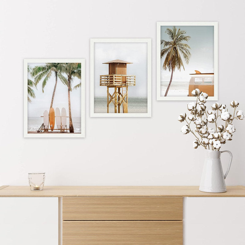 Coastal Beach Wall Art Decor - Multicolor Oil Painting with Palm Trees and Lifeguard Tower