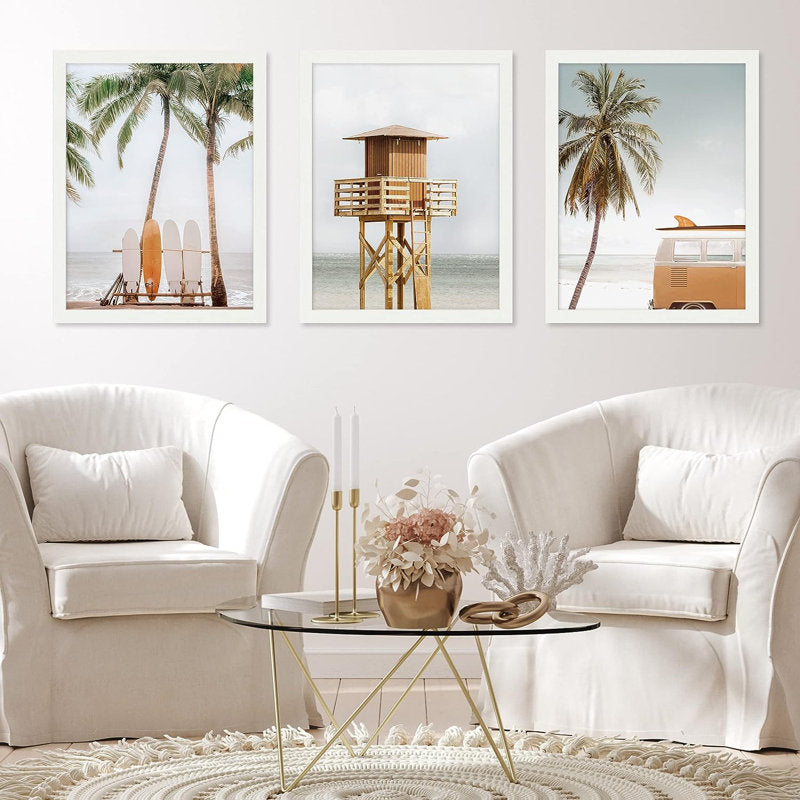 Coastal Beach Wall Art Decor - Multicolor Oil Painting with Palm Trees and Lifeguard Tower