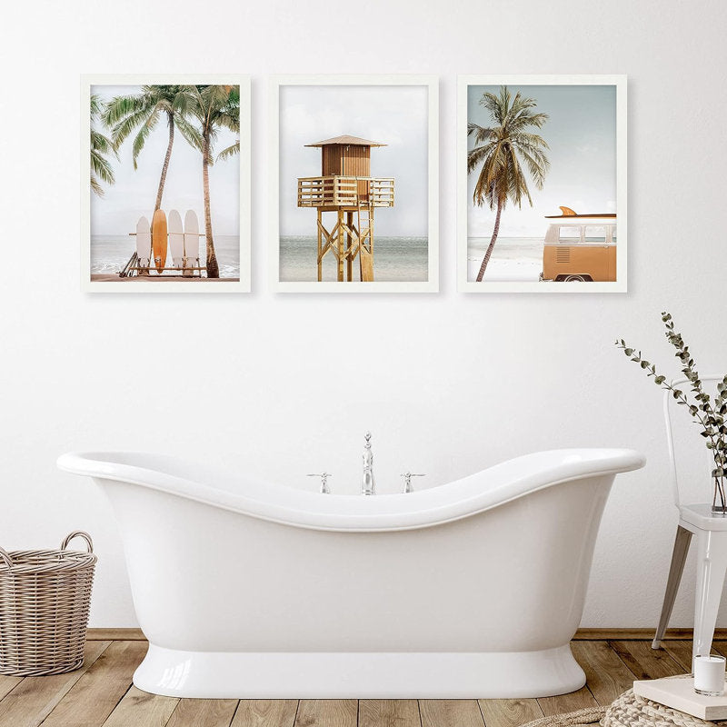 Coastal Beach Wall Art Decor - Multicolor Oil Painting with Palm Trees and Lifeguard Tower