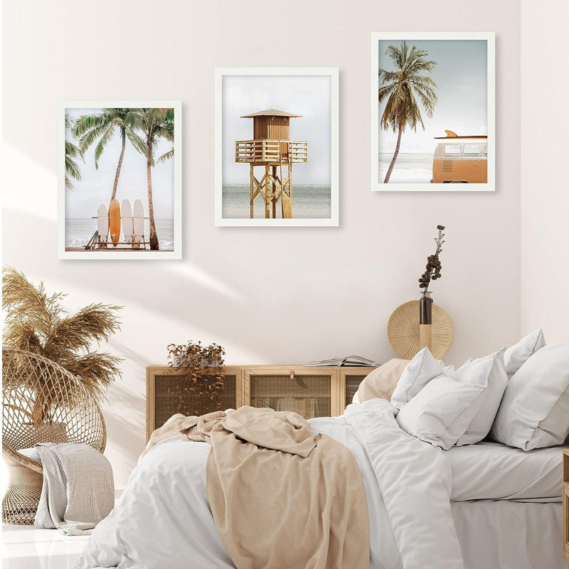 Coastal Beach Wall Art Decor - Multicolor Oil Painting with Palm Trees and Lifeguard Tower